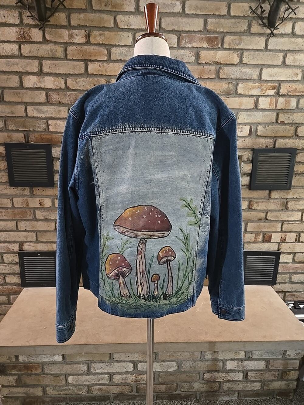 LL Bean Vtg Y2K OOAK Mushroom Art Denim Barn Coat Womans Sz Small Gorpcore 70s